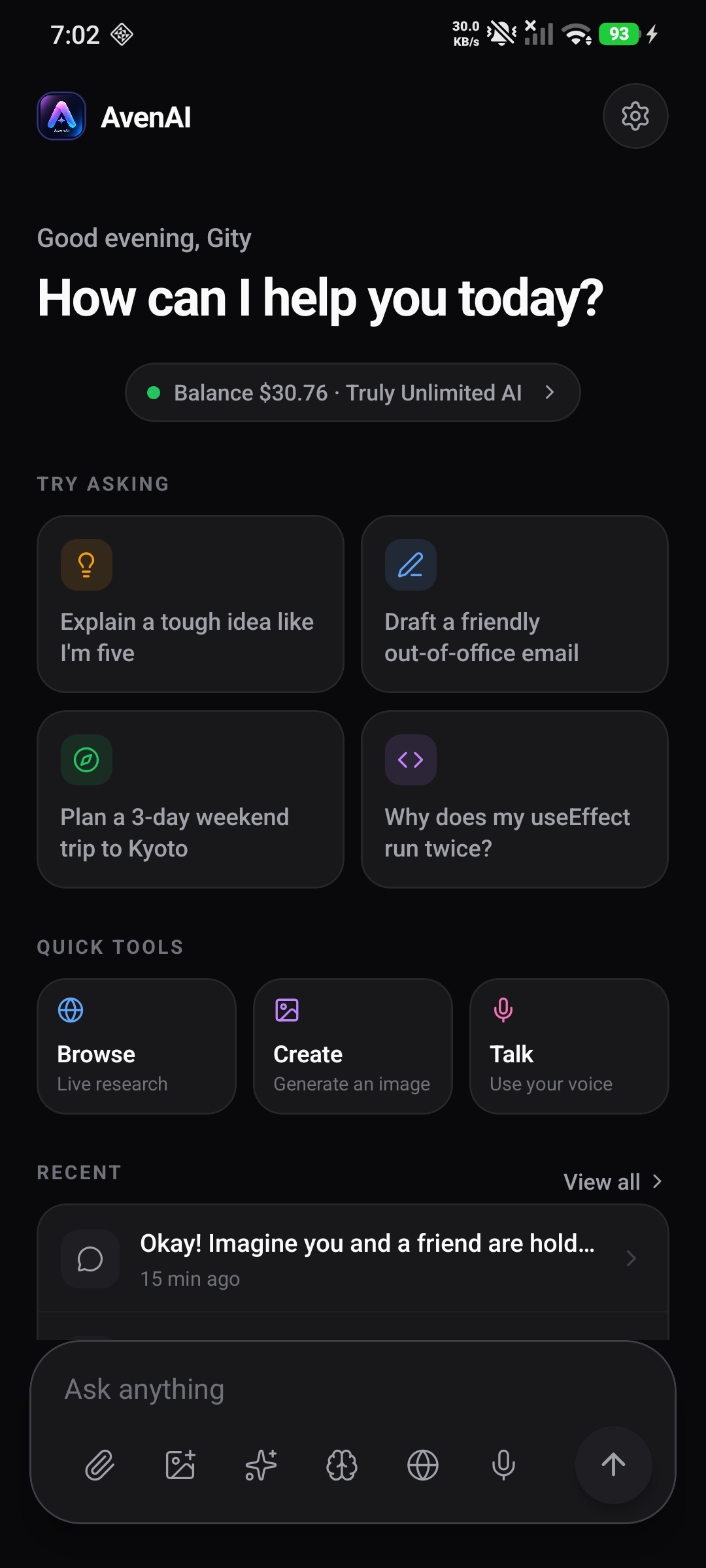 AvenAI home screen
